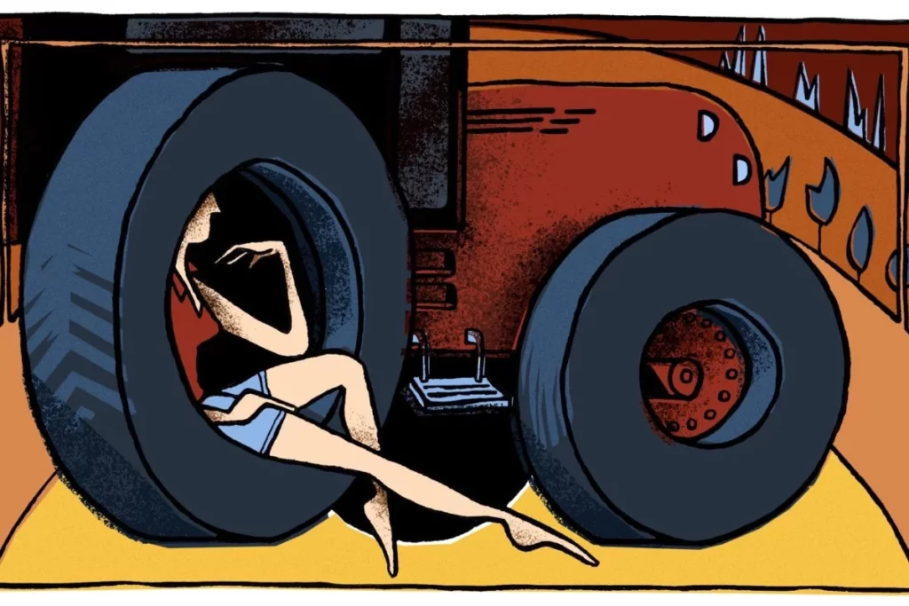 Illustration d’une femme assise dans la roue d’un tracteur, les jambes étendues, dans un paysage rural stylisé.