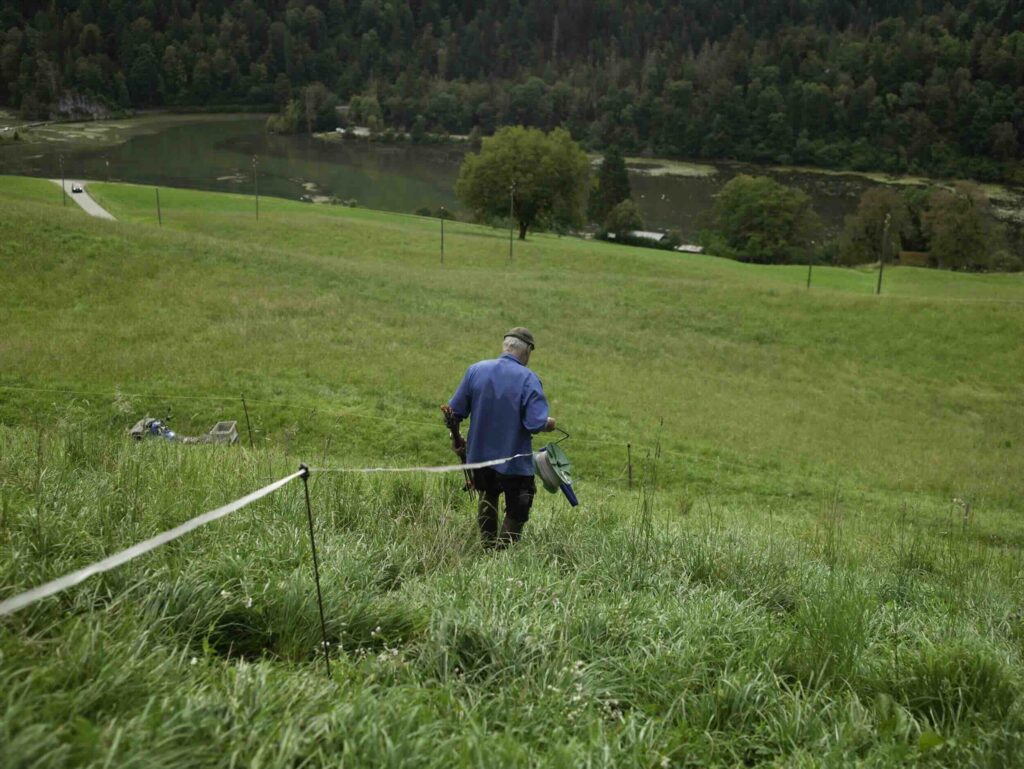 Un agriculteur descend une prairie en tenant du matériel de clôture électrique, avec un lac et une forêt en arrière-plan.