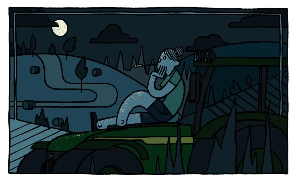 Illustration d’une femme assise sur un tracteur la nuit, regardant le paysage rural éclairé par la lune.